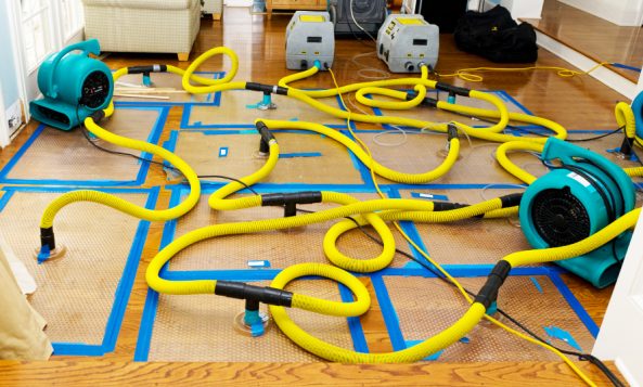 A room with hardwood flooring undergoing a water damage restoration process with multiple commercial air movers and dehumidifiers connected by a complex network of yellow hoses.